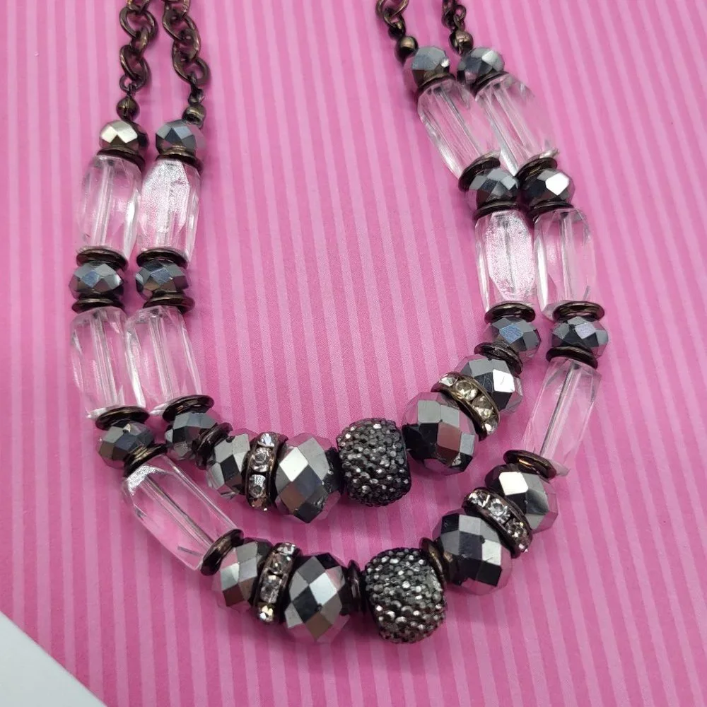 INC Intl Concepts Metal Necklace Gunmetal Silver Clear Rhinestone Faceted Beads